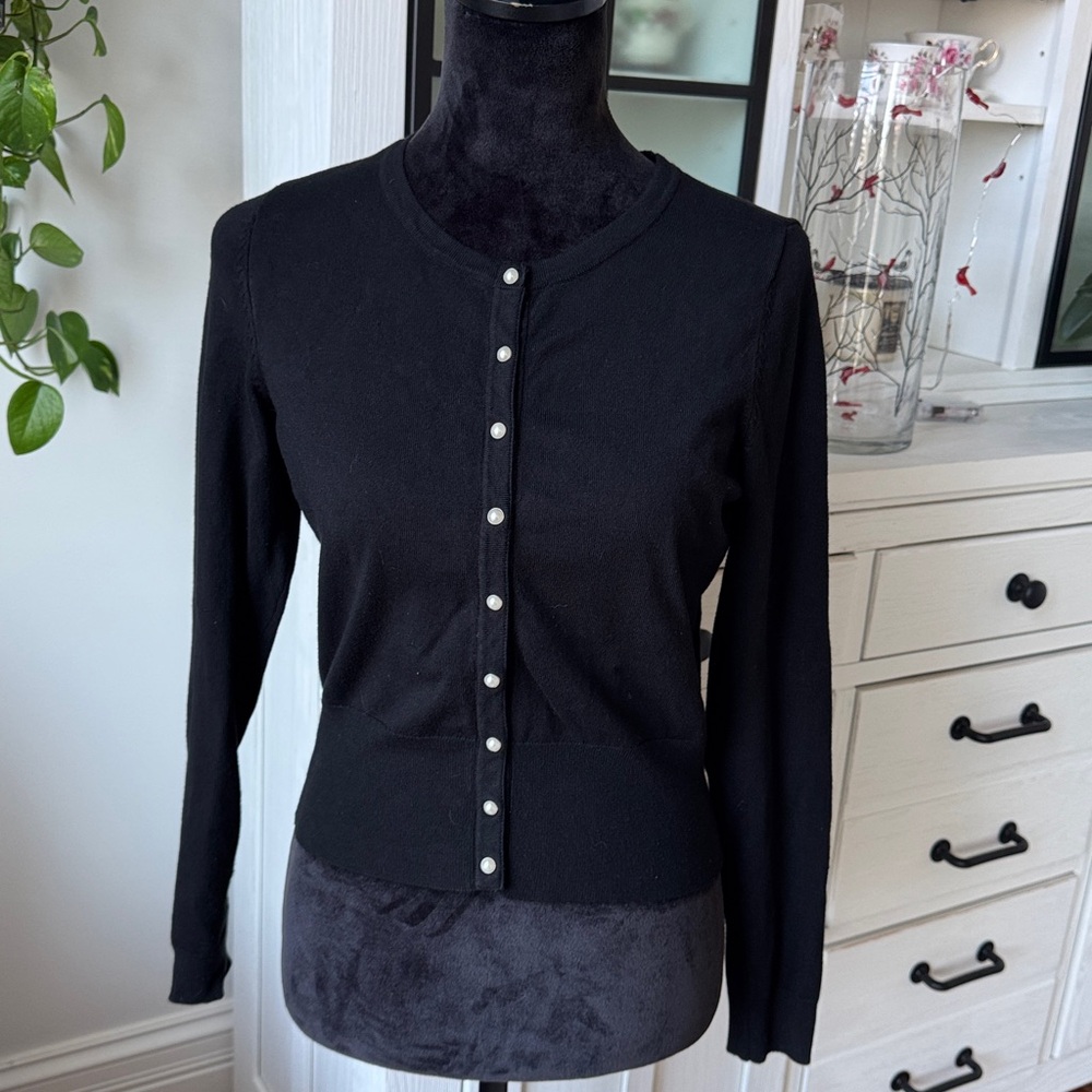 White House Black Market Black cardigan with Pearl Accents